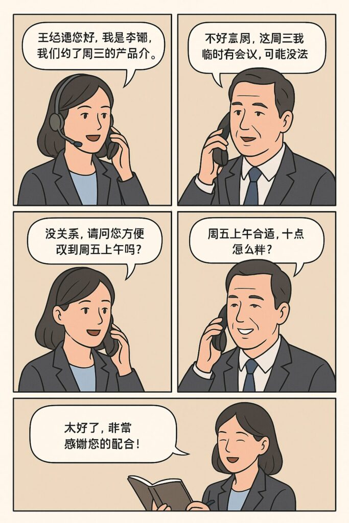 Ilustrasi Dialog Telepon Bisnis – Mengatur Presentasi Produk Bahasa Mandarin 2
